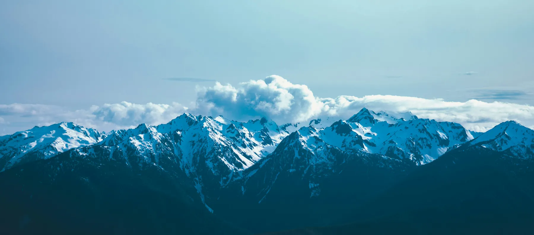 The snow-covered peaks of the Olympic Mountains under cloud, Olympic National Park, Washington.