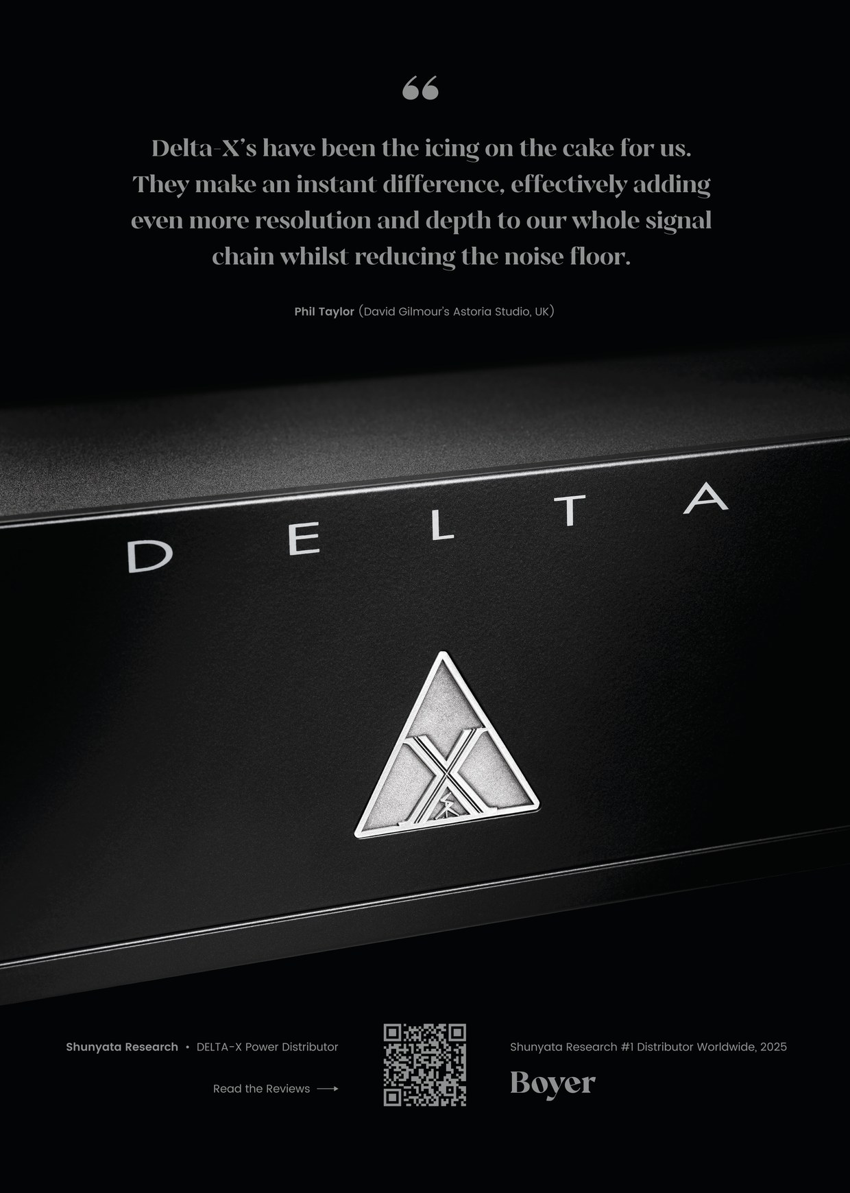 Boyer's full-page advertisement for the Shunyata Research Delta-X in Hi-Fi+ magazine: a quote from Phil Taylor above a detail of the Delta-X fascia.